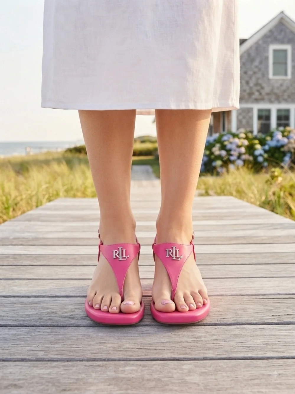 Ralph Lauren Jeannie Hot Pink low Wedge dressy designer hamptons Thong Sandals 8